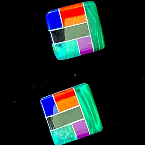 Native American Earrings, Semi-precious Gemstone Inlay & SS 1” Square, New Excel - Picture 4 of 8